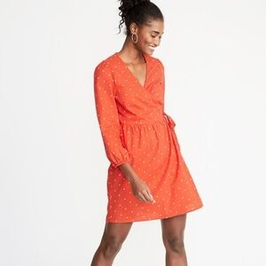 Old Navy Vibrant Orange Micro Floral Print Longsleeve Wrap Dress Size Large